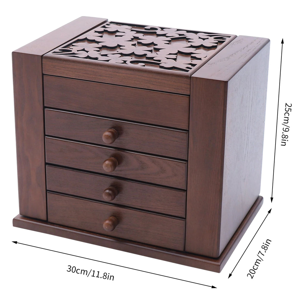Jewelry Organizer Box, Multi-Compartment Storage Case with 4 Drawers & 6 Hooks & Built-in Mirror, Space-Saving MDF Vanity Stand