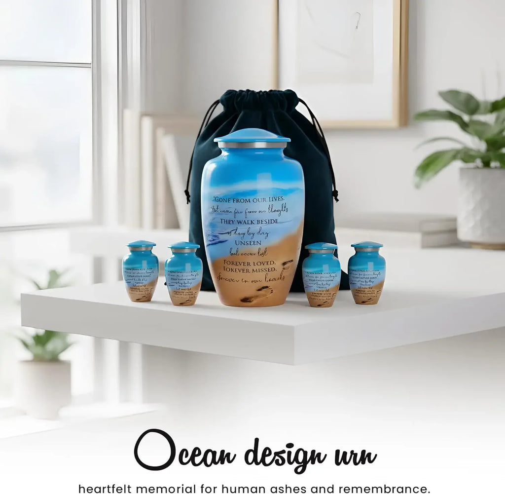 Eco-Friendly Ocean Blue Cremation Urn for Ashes for Humans with 1 Lg Urn (220 lbs), 4 Sm Urns & 2 Ash Pendants
