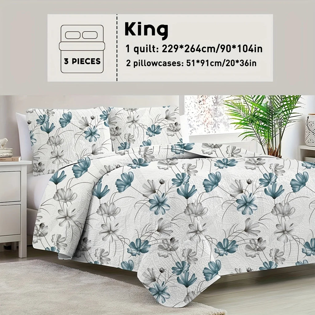 2/3pcs Floral Comforter Quilt Set Queen King Full Twin Size, White/Grey Soft Microfiber Reversible Bedding With Shams
