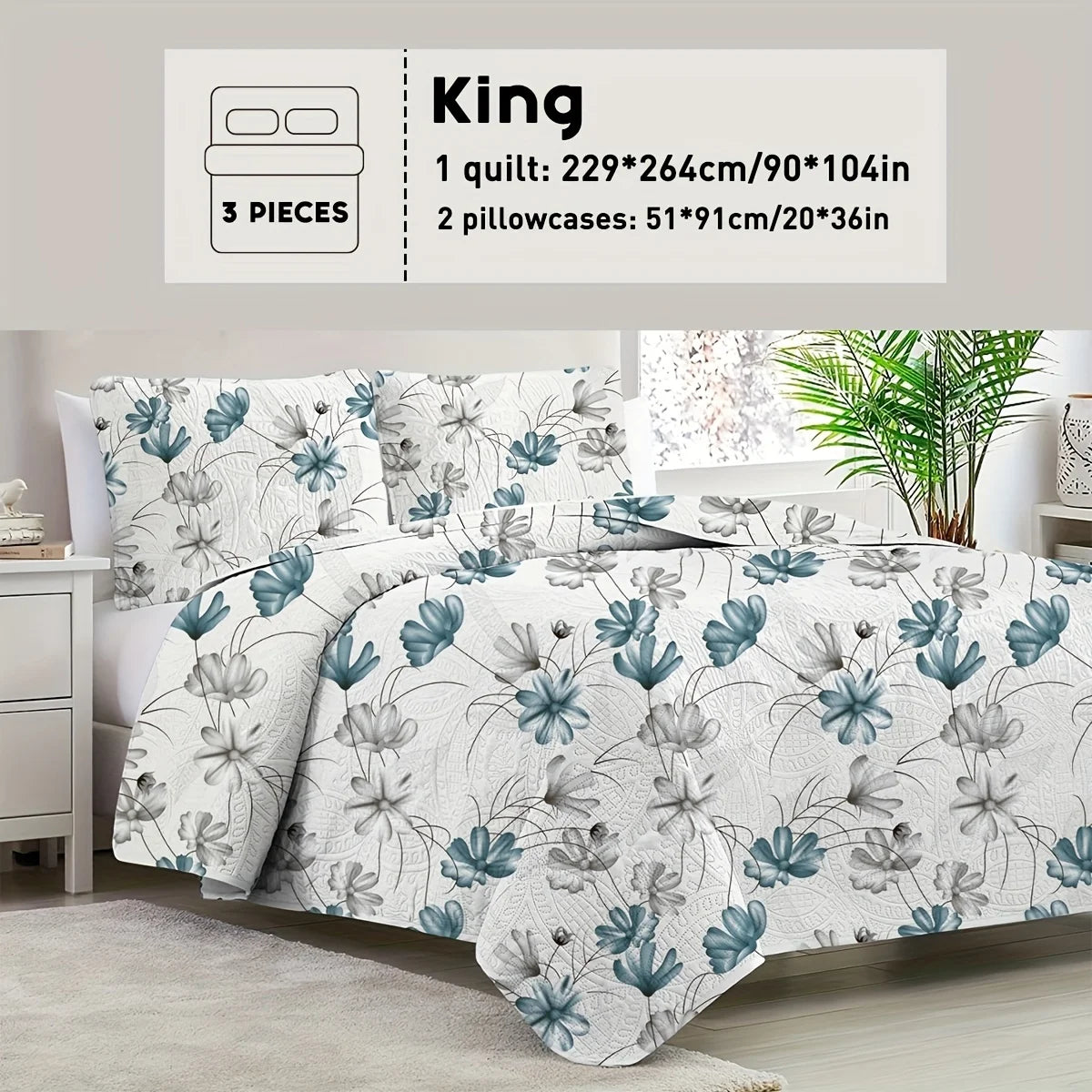 2/3pcs Floral Comforter Quilt Set Queen King Full Twin Size, White/Grey Soft Microfiber Reversible Bedding With Shams