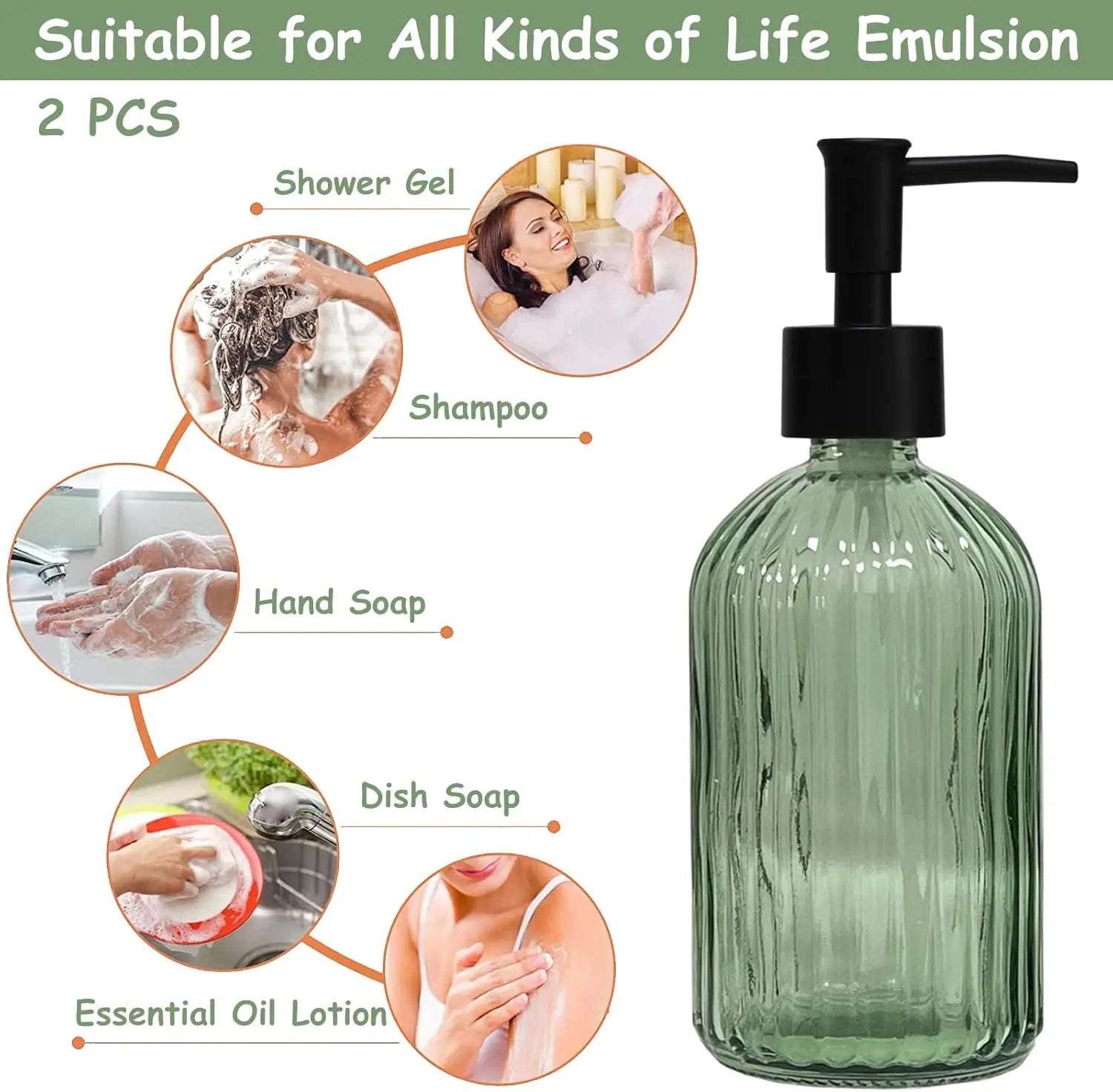 Green Glass Soap Dispenser Set with Black Pump, 13.5oz Refillable 2 pack