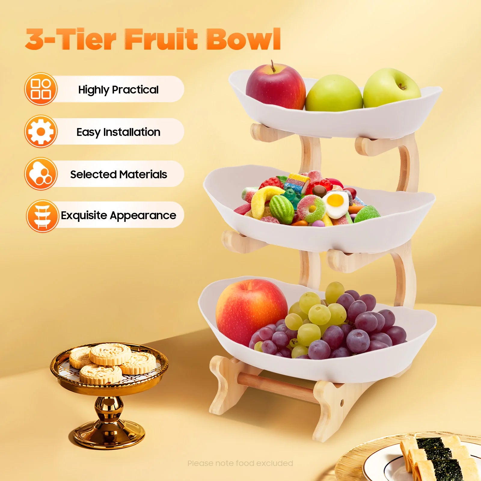 Kitchen Storage Rack Three Tier Fruit Tray Large Detachable Bamboo Stand Space Saving Bowl