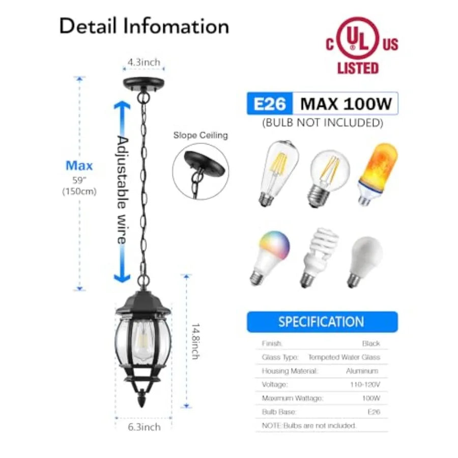 Black Outdoor Pendant Light Aluminum Hanging Exterior Lights with Waterproof Outdoor Ceiling Lights for Porch Anti-Rust
