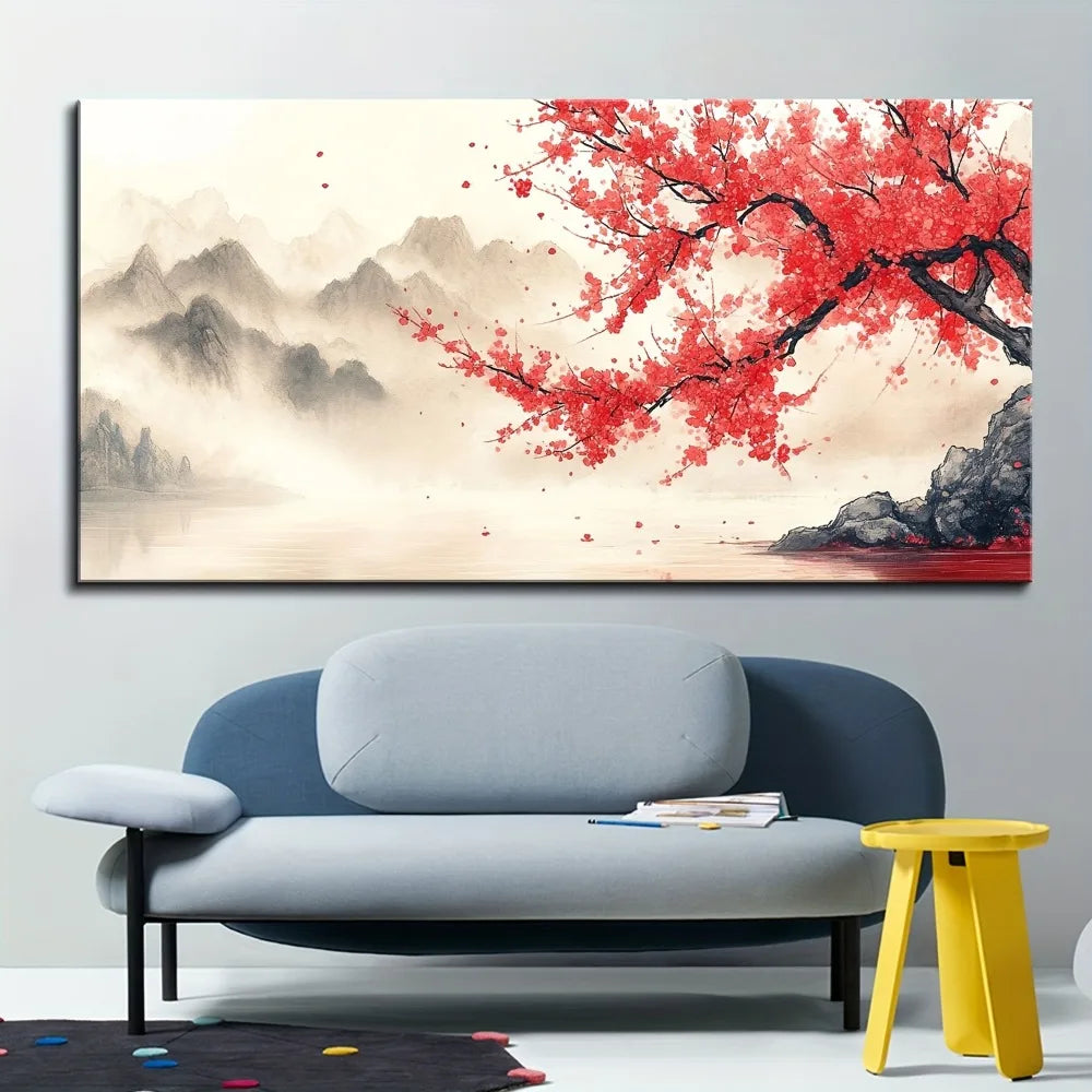 1.5 inch thick pine solid wood frame, Chinese "pink plum" mural landscape