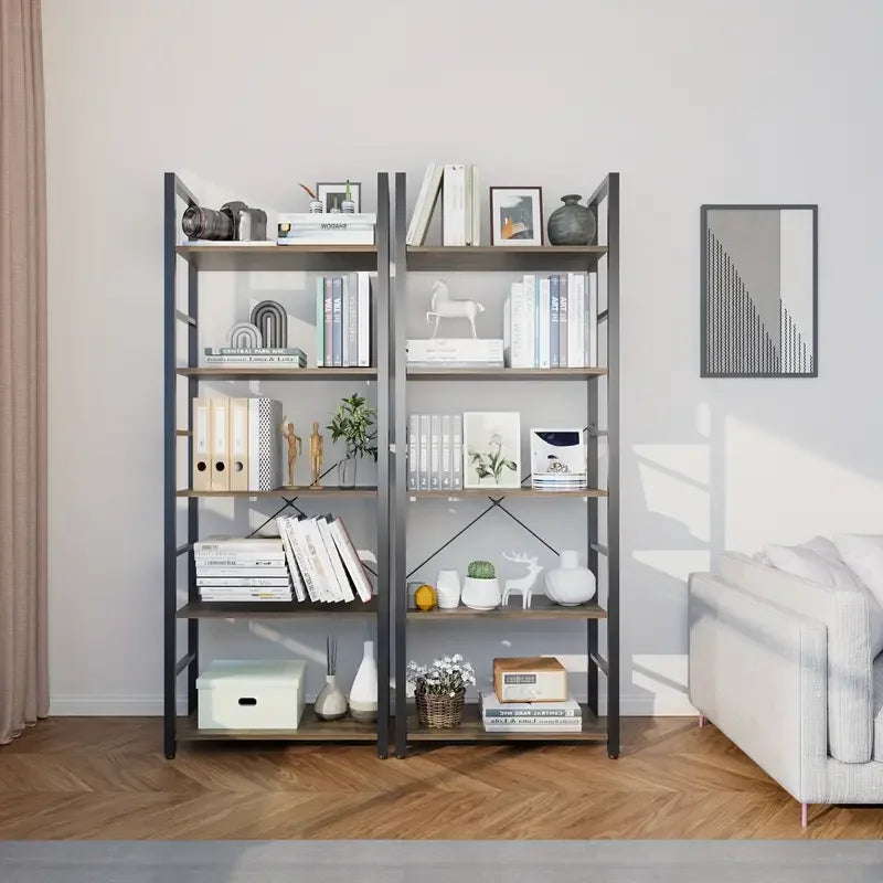 5 Tier Bookshelves,  Shelf Storage Organizer, Free Standing Vintage Style