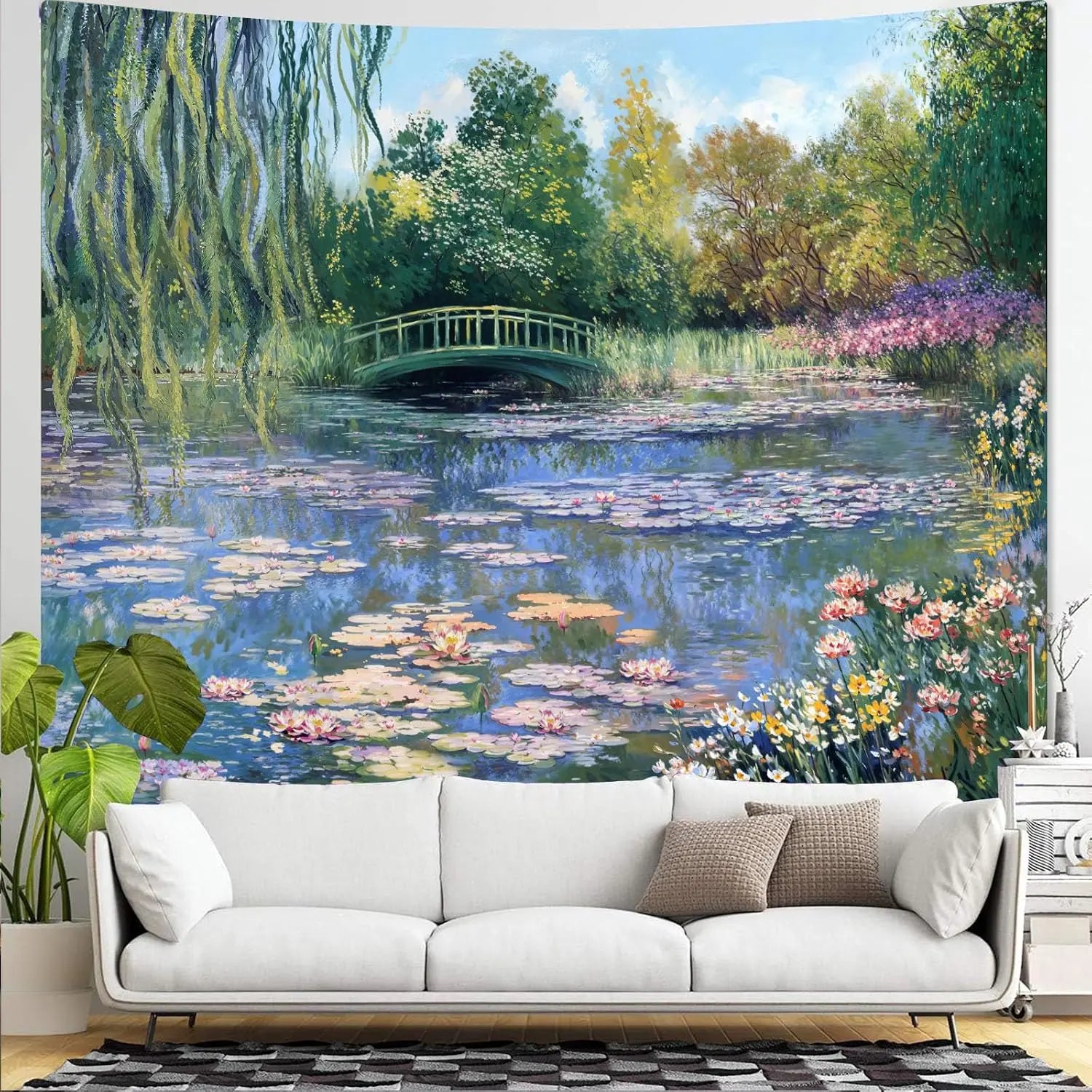 Water Lilies Tapestry Green Floral Wall Art  80x60 Inch