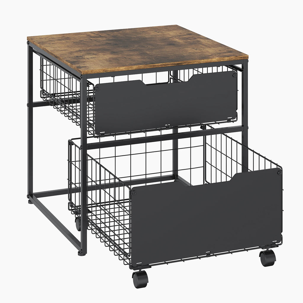 22x22IN Small Fridge Stand with Metal Storage Drawer Basket, Black | Table for Mini Fridge with Steel Frame and 4 Wheels, 300LBS Compact, Multi-Functional