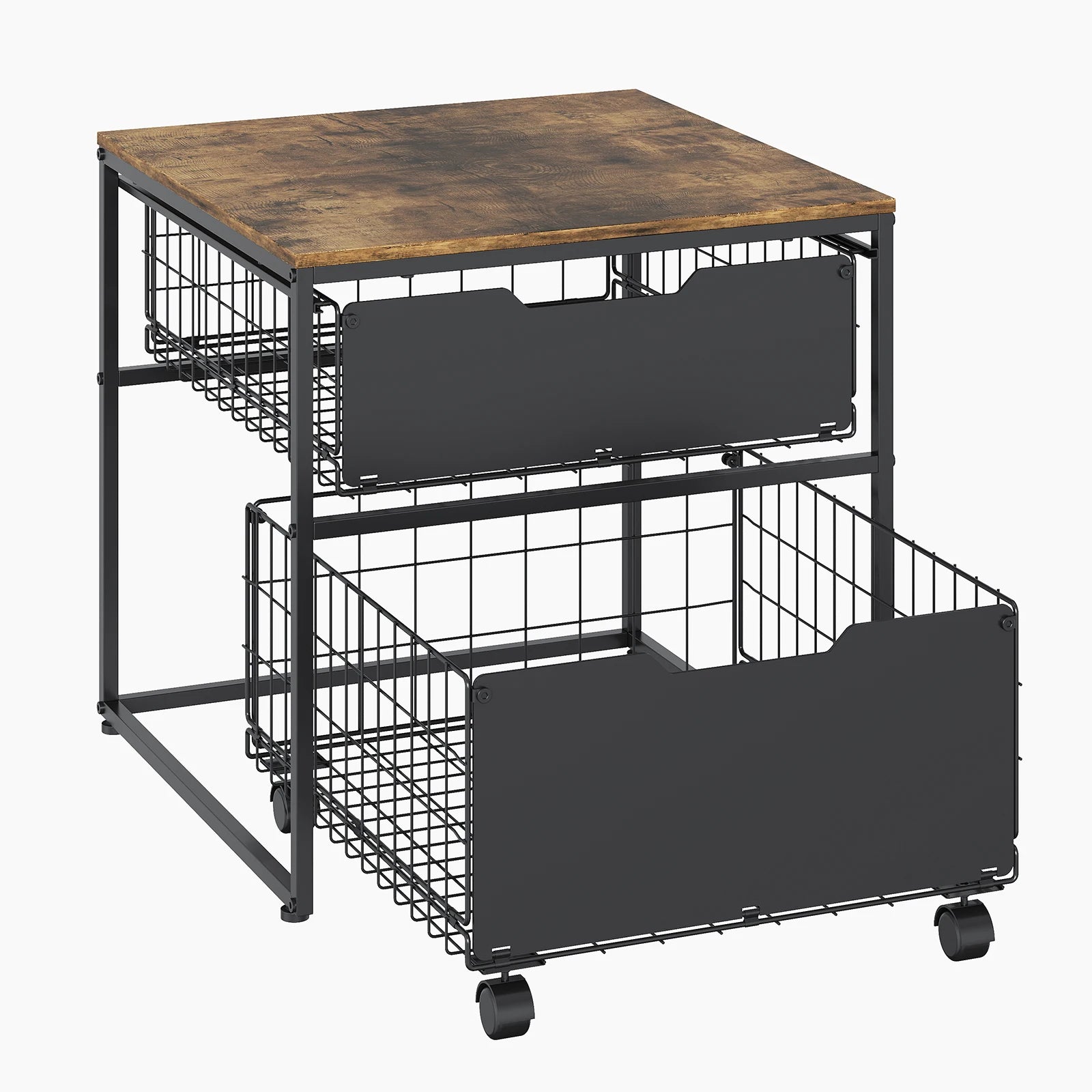22x22IN Small Fridge Stand with Metal Storage Drawer Basket, Black | Table for Mini Fridge with Steel Frame and 4 Wheels, 300LBS Compact, Multi-Functional