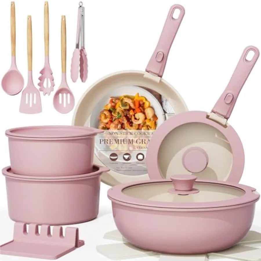 Pots and Pans Set Non Stick, Ceramic Cookware Set Detachable Handle,  Oven Safe,