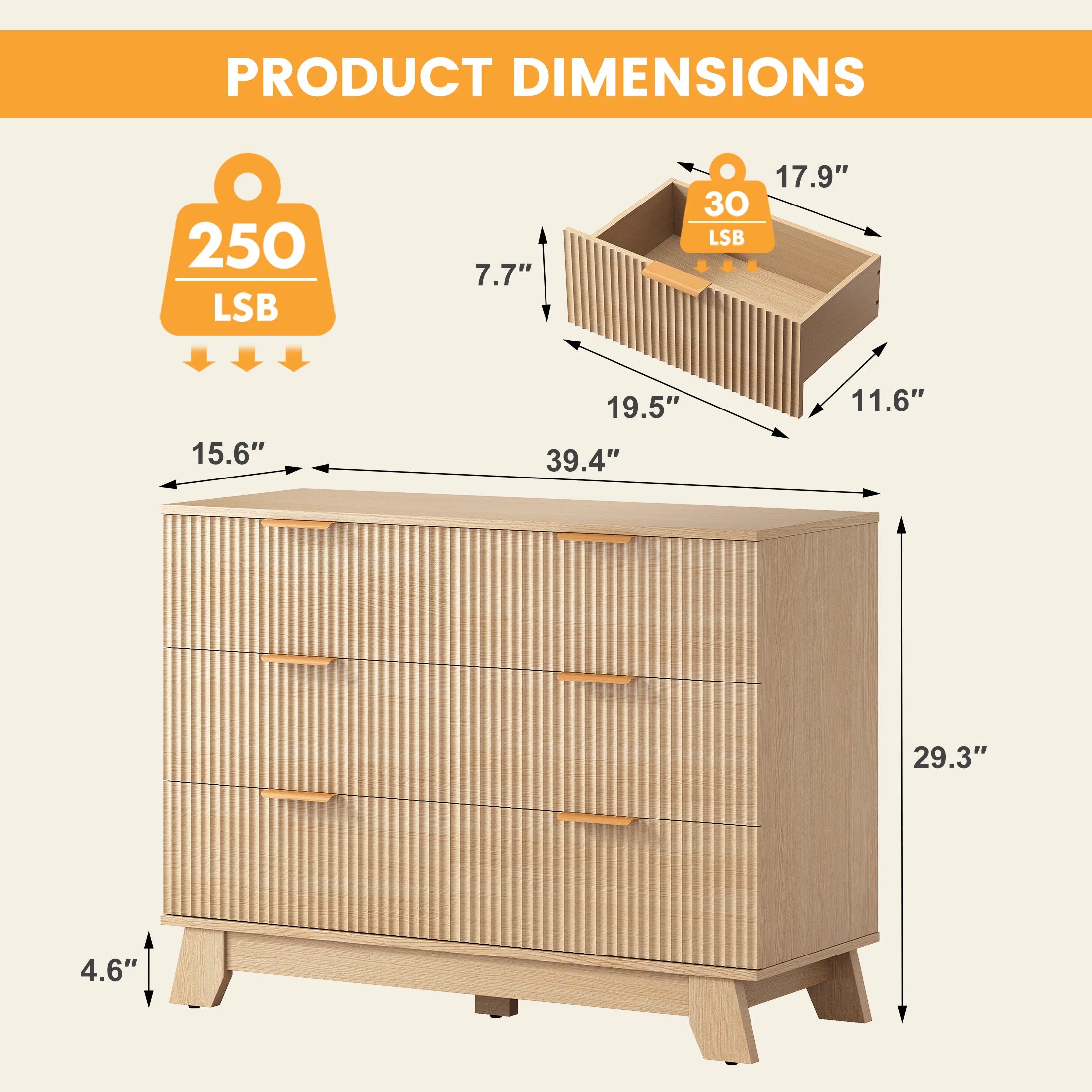 Fluted Wooden 6 Drawer Dresser Cabinet Wide Modern Chest of Drawers with Gold Metal Handles