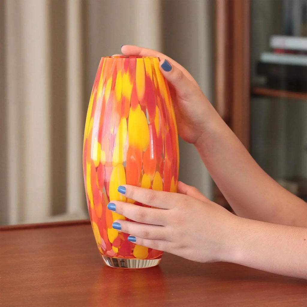 Hand Blown Orange Yellow Confetti Art Glass Vase Murano Style For Flower Decor
