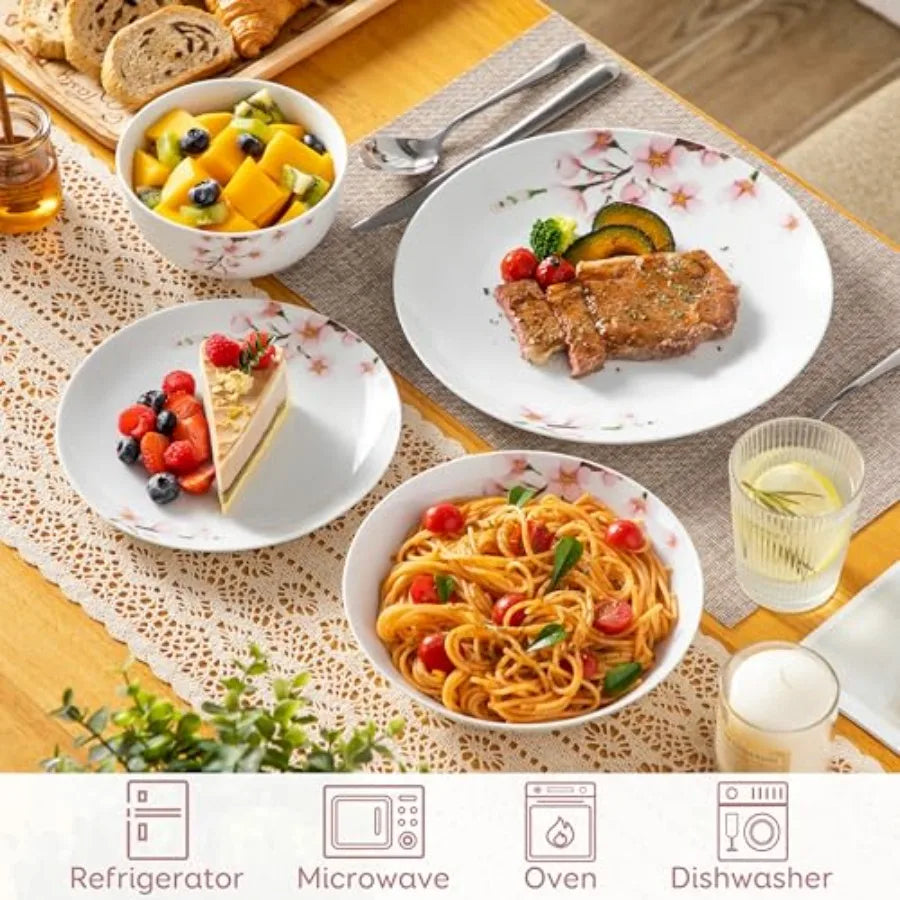 Dinnerware Sets for 6, 24 Porcelain Plates and Bowls Set with Pink Floral,