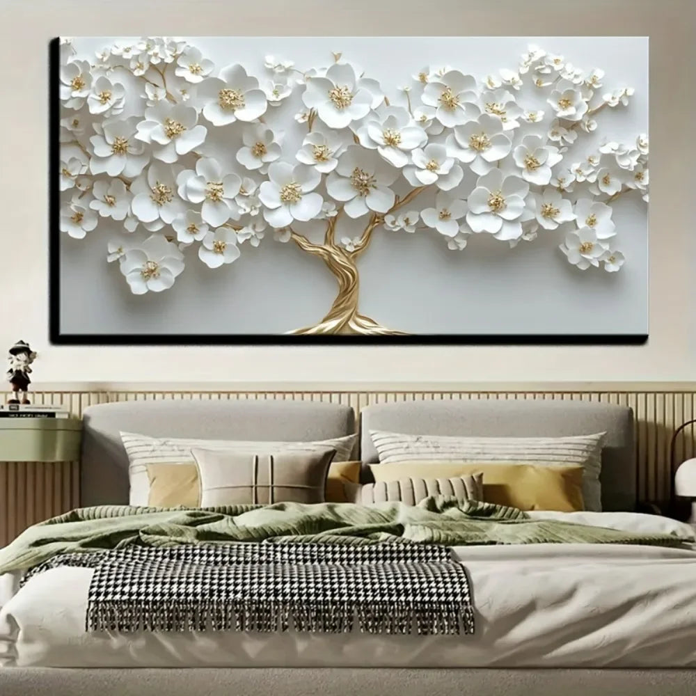 Nordic white flower oil painting on canvas,  1.5 inch thick pine solid wood frame