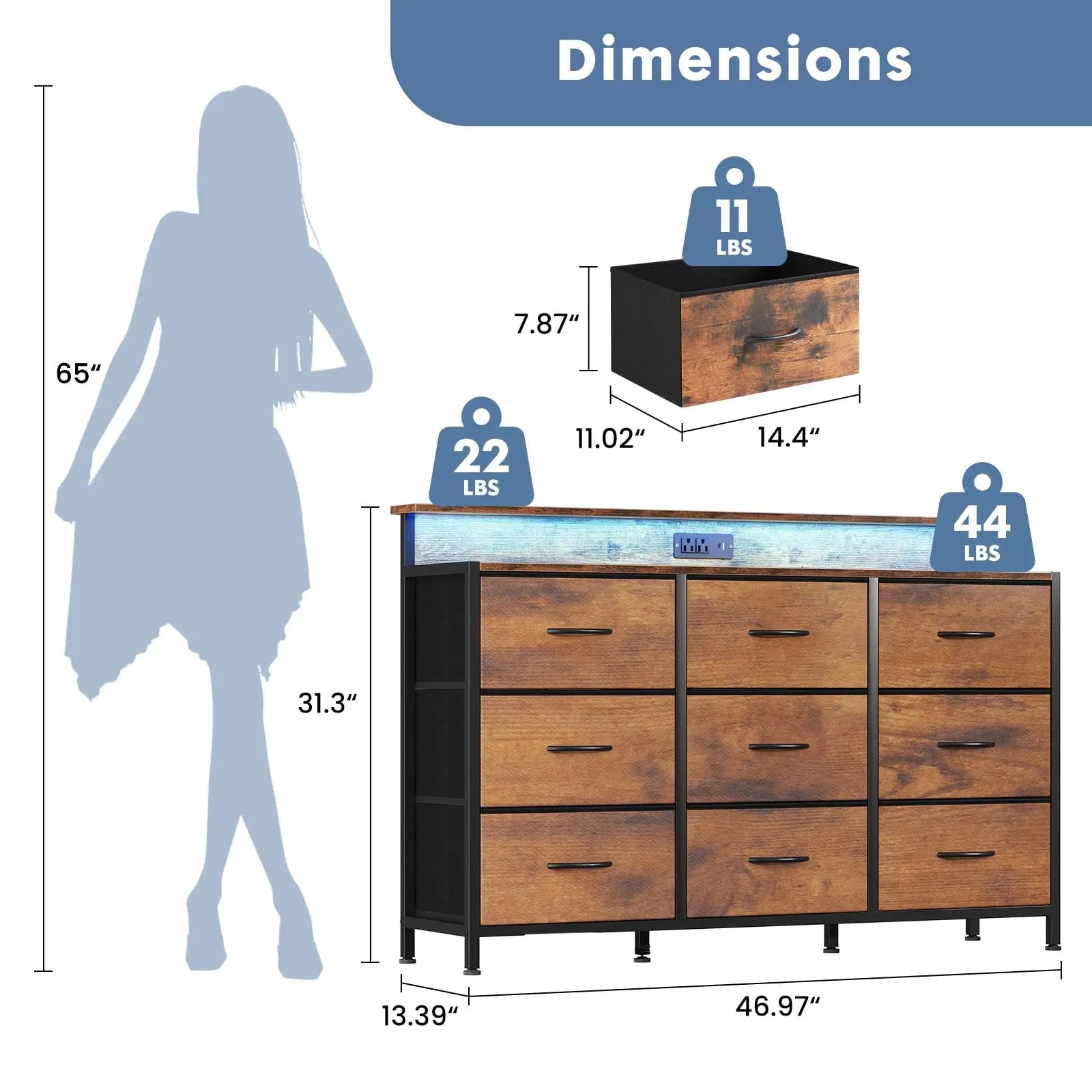TV Stand Dresser with 9 Fabric Drawers Wood Top Media Console for 32-52 inch TV Stand with Storage
