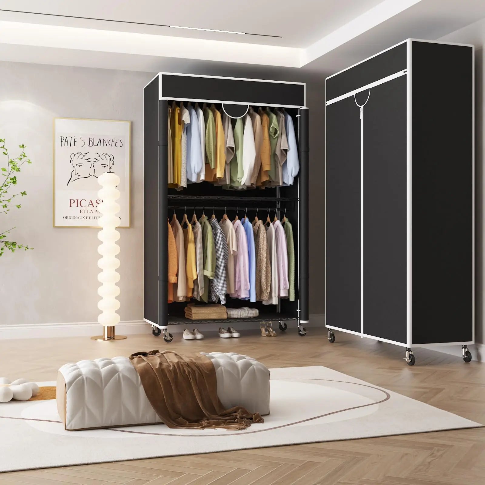 Heavy Duty Clothes Rack with Cover, 485LBS Capacity, Portable Closet Wardrobe on Wheels, Carbon Steel, Dustproof, Tool-Free Assembly