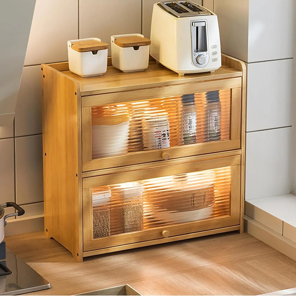 2-Tier Bamboo Kitchen Storage Cabinet -  Clear Acrylic Sliding Doors