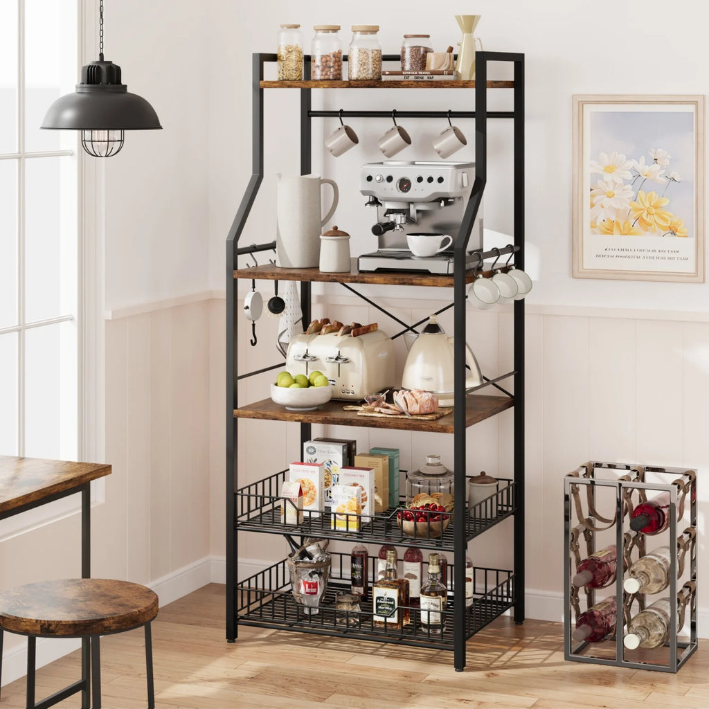 Kitchen Bakers Rack Microwave Oven Stand with 2 Large Wire Basket Industrial
