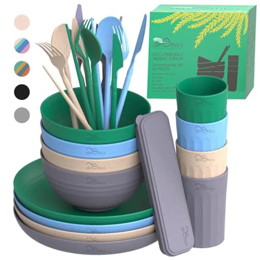 Wheat Straw Dinnerware Sets For 4 - Camping Plates Cups And Bowls Set - Dishwasher Microwave Safe Dishes