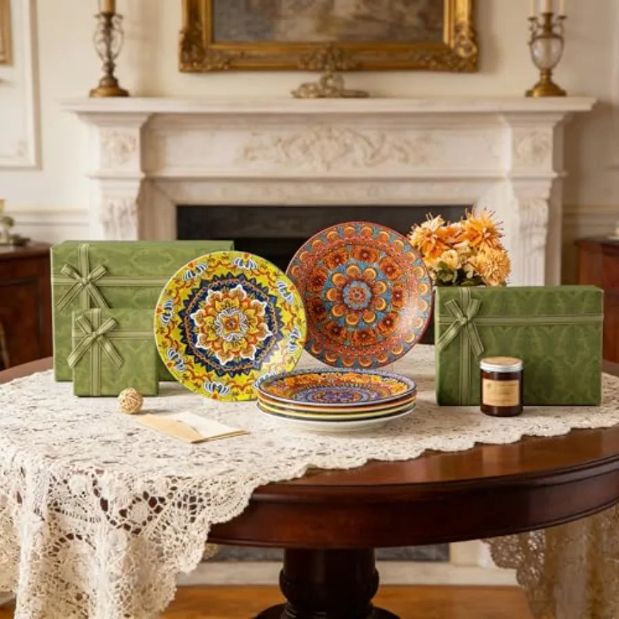 Colorful Dinner Plates Set of 6, 10.5 Inch Ceramic  Bohemian Dishes for Microwave and Dishwasher