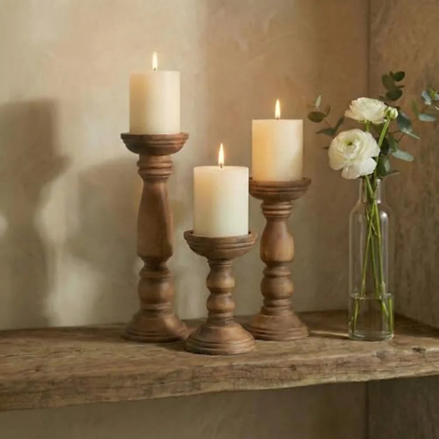 Farmhouse Pillar Rustic Wooden Candle Holders 3 PC 12'' 9'' 6'' Vi