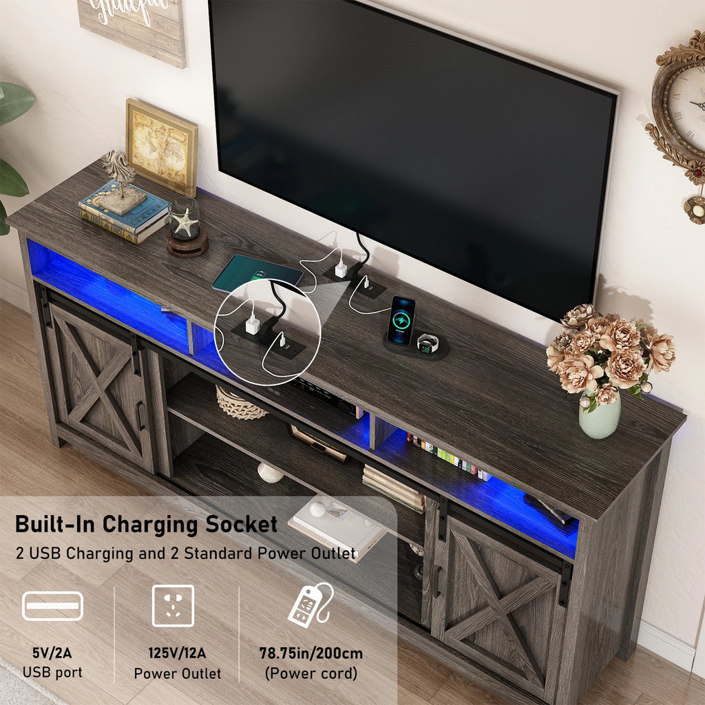 TV Stand Farmhouse Cabinet Rustic Sliding Barn Door Storage Cabinet with Power Outlet & LED Light
