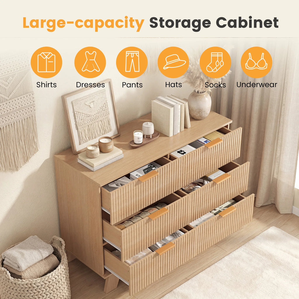 Fluted Wooden 6 Drawer Dresser Cabinet Wide Modern Chest of Drawers with Gold Metal Handles