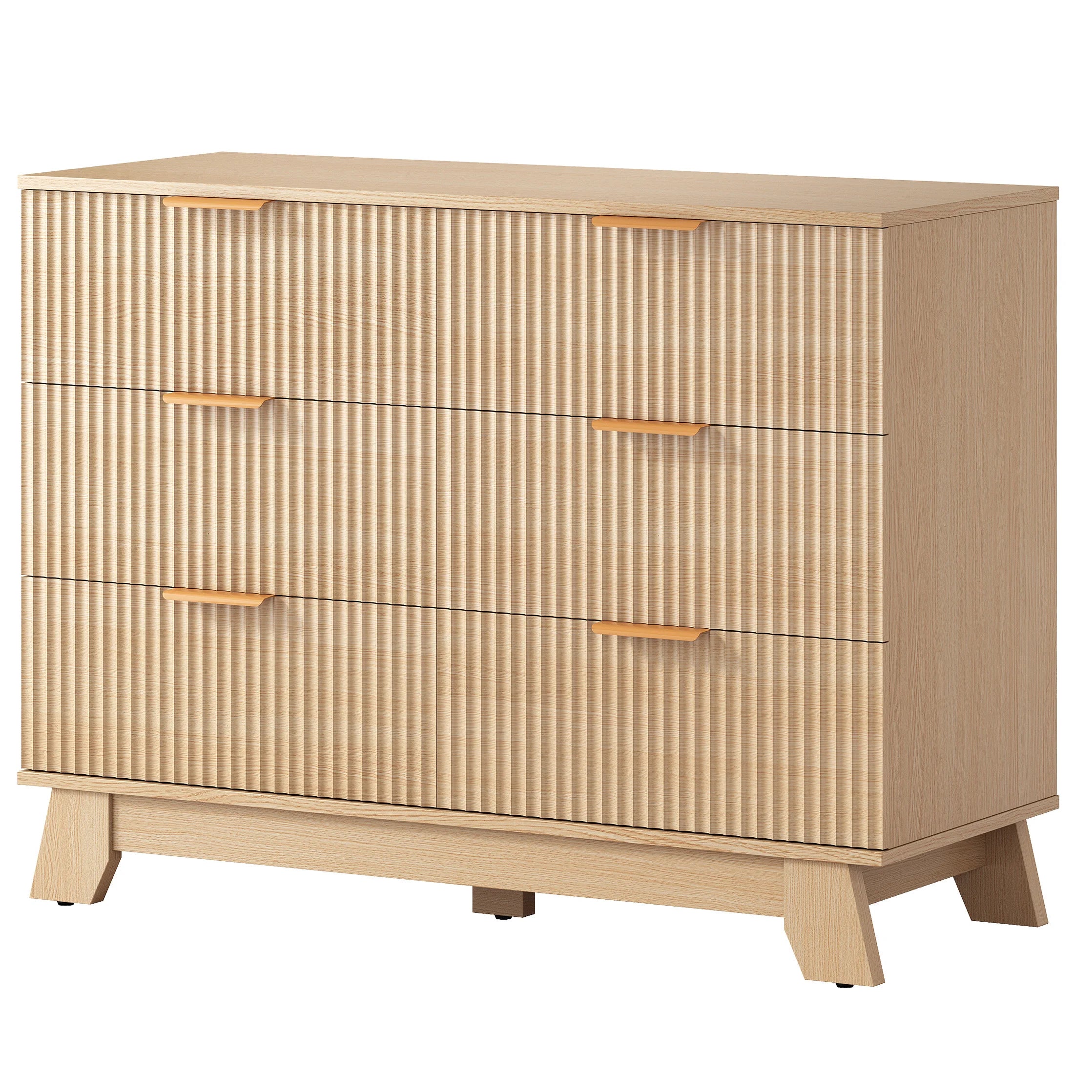 Fluted Wooden 6 Drawer Dresser Cabinet Wide Modern Chest of Drawers with Gold Metal Handles