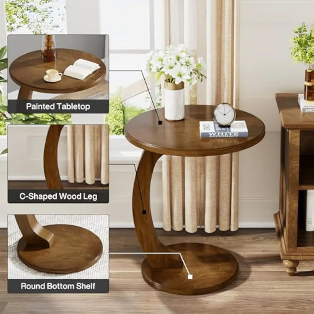 Round End/Side Table, Wooden C-Shaped End Table, Mid-Century Boho