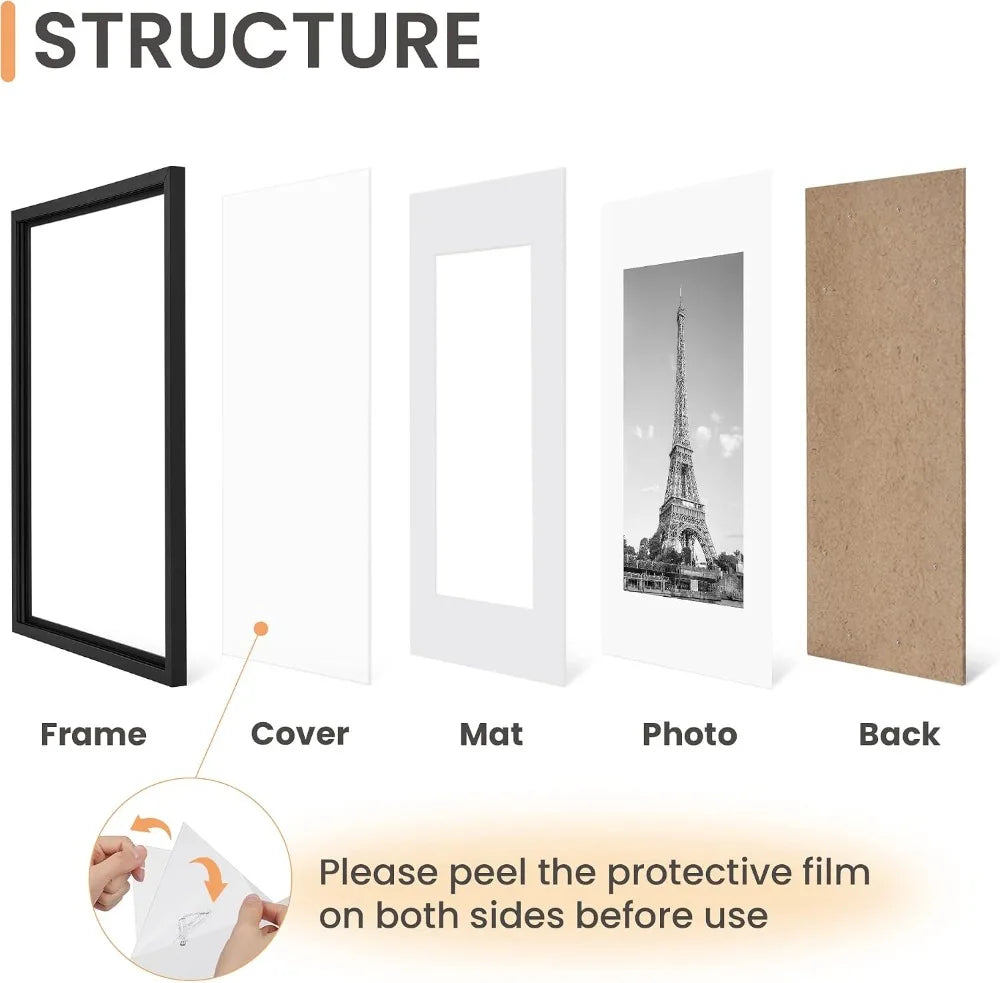 18x24 Picture Frame Set of 5, Display 16x20 with Mat or 18x24 Without, Black Wall Frames