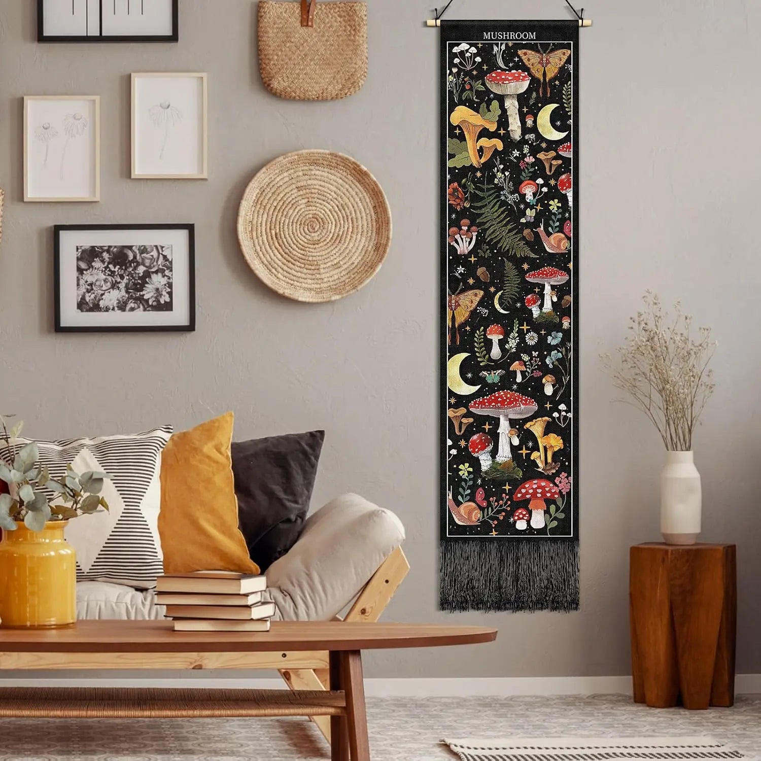 Vintage Tapestry 52x13 Inch Long Vertical Wall Hanging with Botanical Mushroom Tassel