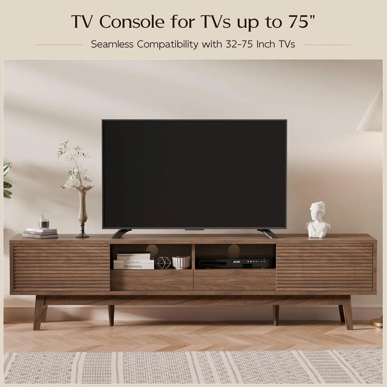 Mid Century  Walnut Console TV Stand 75 Inch Low Profile Fluted Doors Storage Drawers