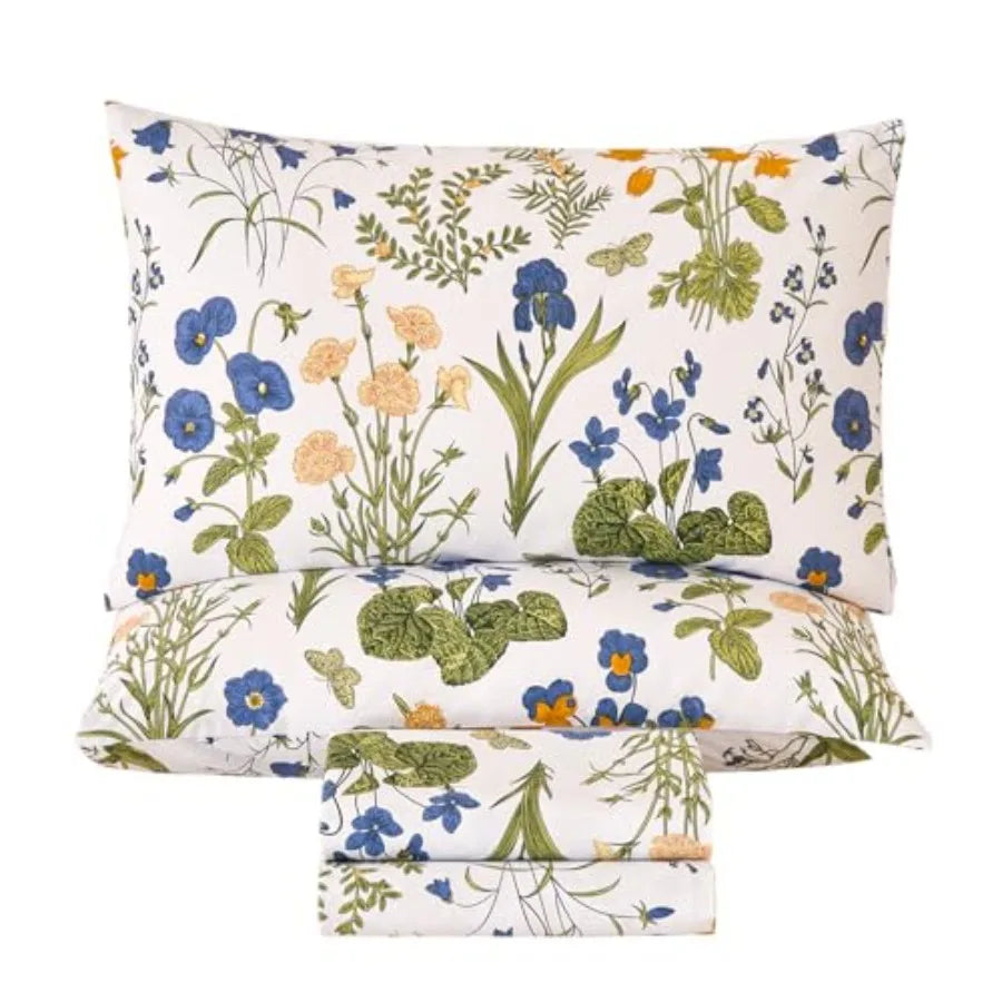 Yellow/blue Floral Bed Sheets Set Size 100% Percale Cotton