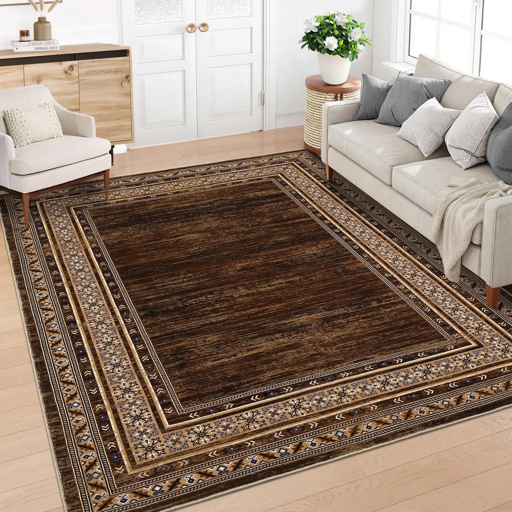 Area Rug 8x10 Washable Rug Brown Modern  Soft Non Slip Throw Carpet Low Pile Bordered  Foldable Thin Rugs