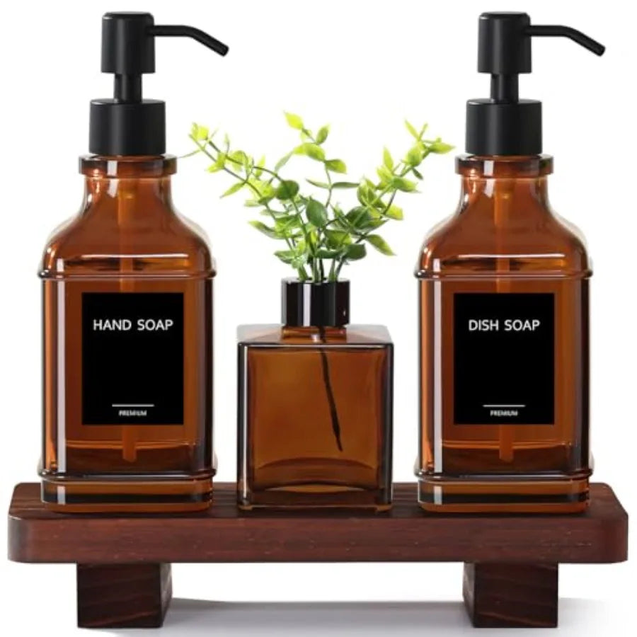 Modern Glass Soap Pump Dispenser Set with Wood Tray