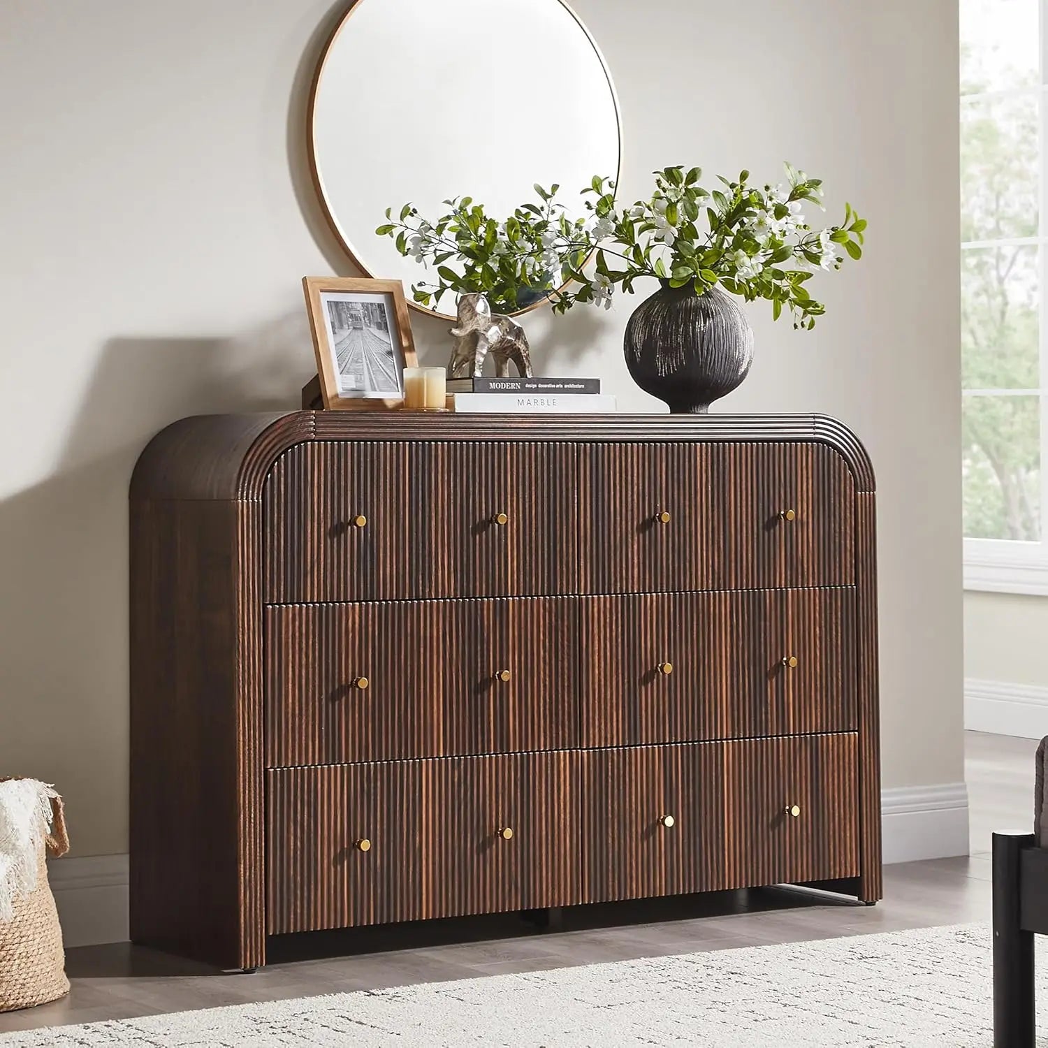 Fluted Wood, Wide, Curved 6 Drawer Dresser Bedroom 54in TV Stand Living Room Hallway Oak