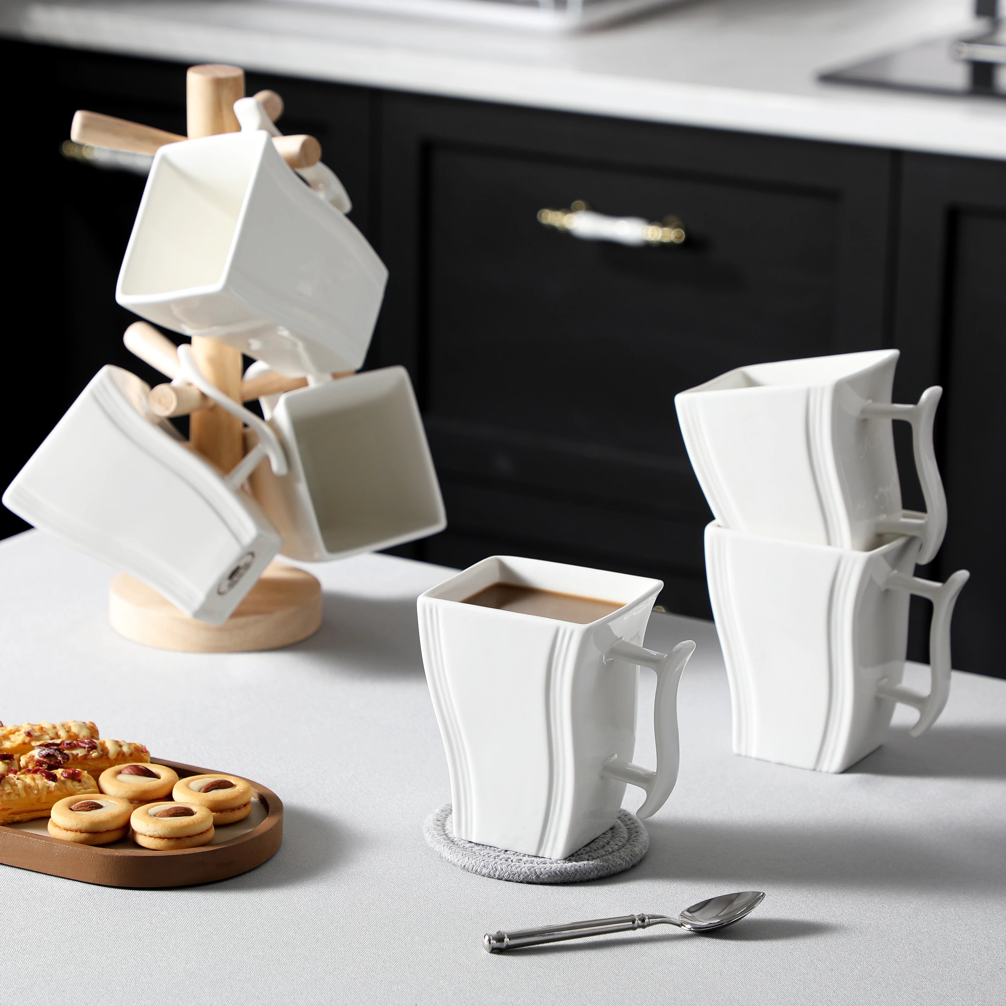 6 Piece White and Marble Coffee Service Set Cream White Porcelain Square Coffee Cups 5.5 Inch 500ML