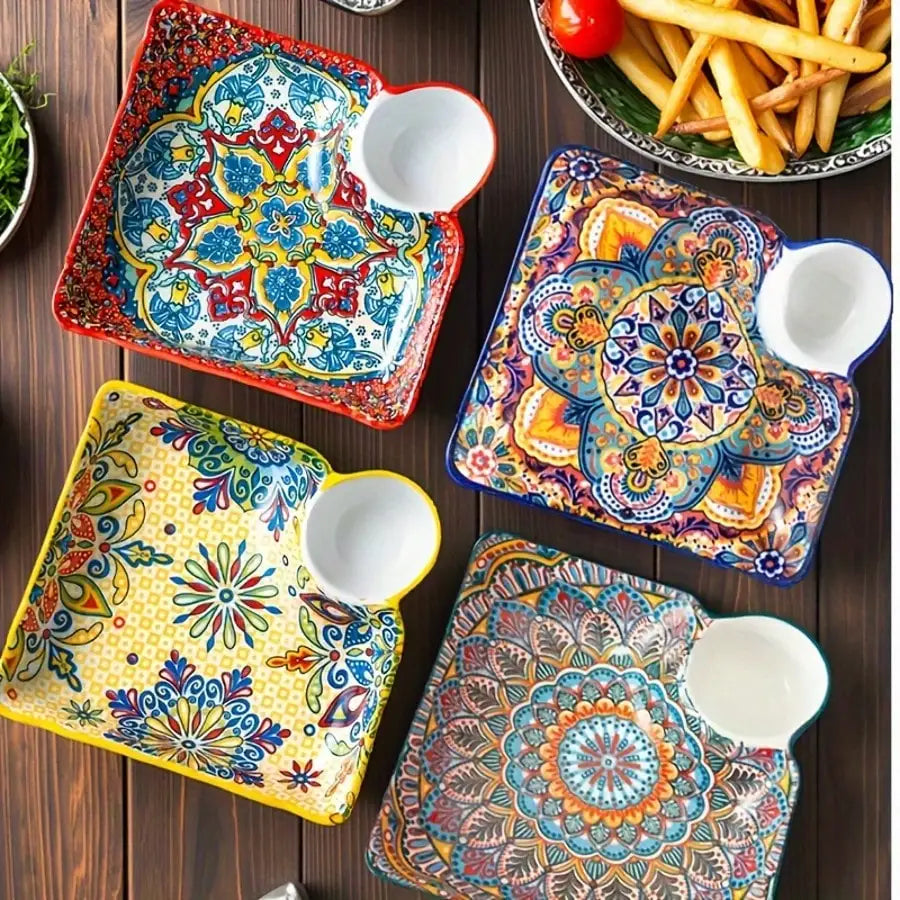 4-Piece Bohemian Art Ceramic Dinner Plate Set - 8-Inch