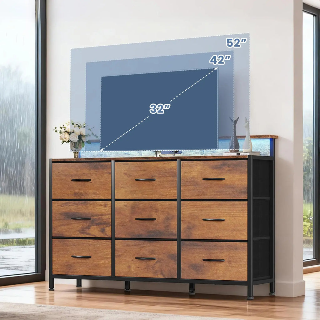 TV Stand Dresser with 9 Fabric Drawers Wood Top Media Console for 32-52 inch TV Stand with Storage