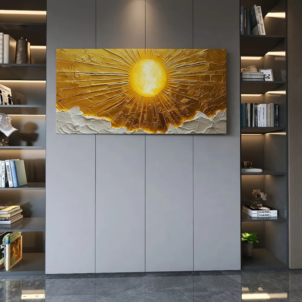Large abstract sun canvas wall art with 1.5" pine frame