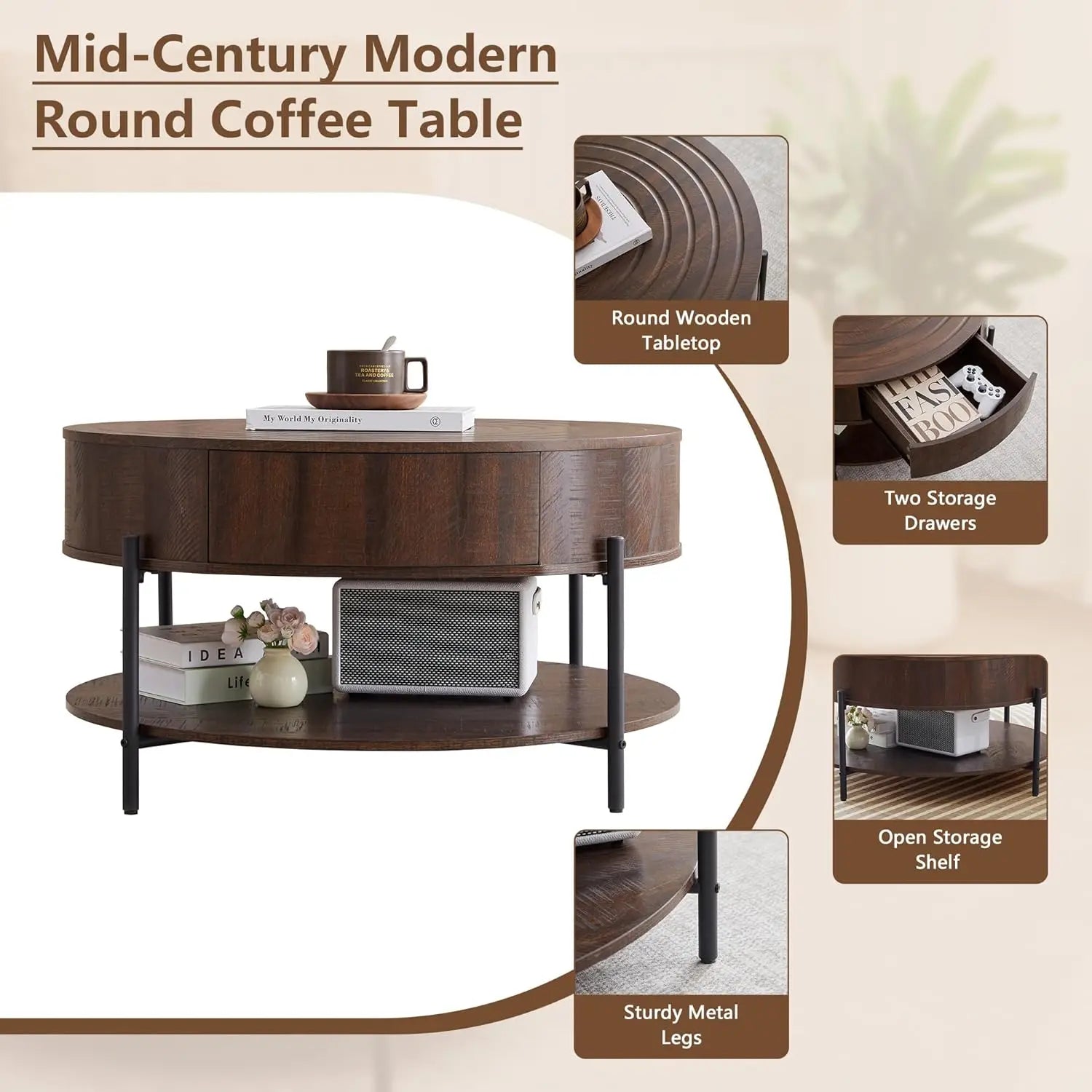 2-Tier Rustic Circle Table with Storage Shelf