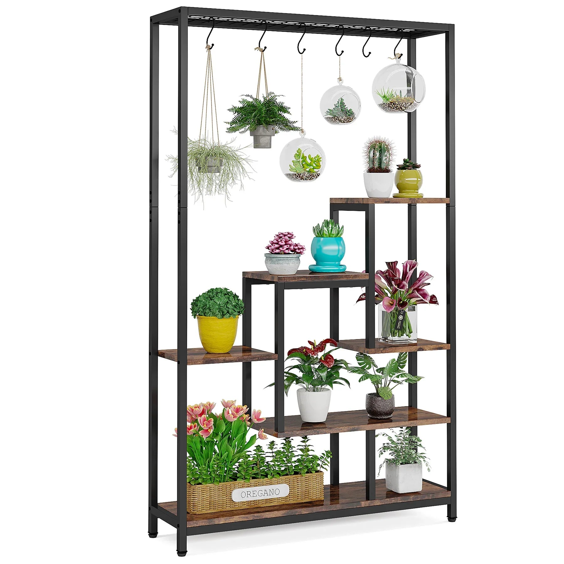 Tribesigns 5 Tiers Tall Indoor Metal Plant Stand 70.9 inches 10 PC S Hanging Hooks for Garden