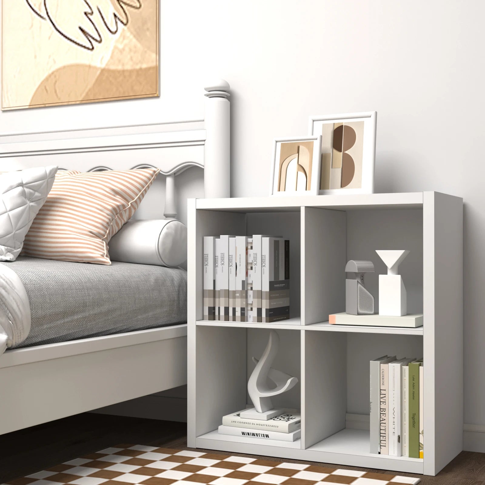Thick Wooden Frame 4 Cube Storage Organizer Shelf with Anti-Tipping Kits, Reversible Open Back, Horizontal & Vertical Dual-Use. Ideal for  multi-use