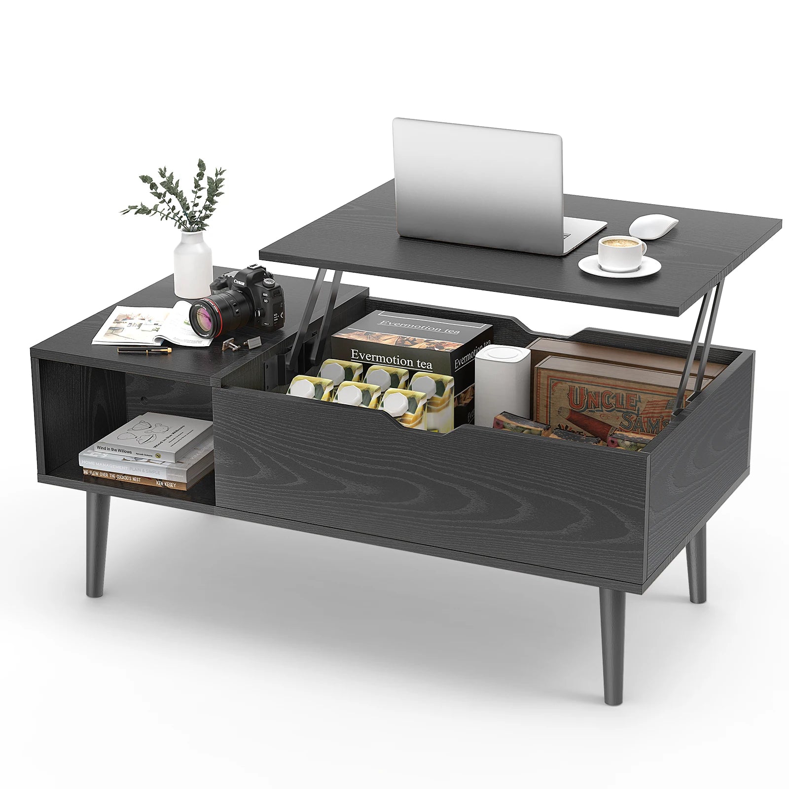 Lift Top Table 39.37"x19.7" Desk Tea Wood  Adjustable Storage Shelf Easy Lift Or Lower