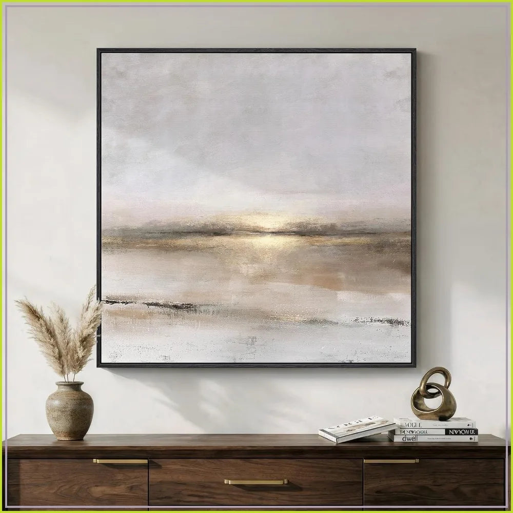 Modern Abstract Landscape Wall Art, Gray Black Gold Framed Canvas Print 30x30 In