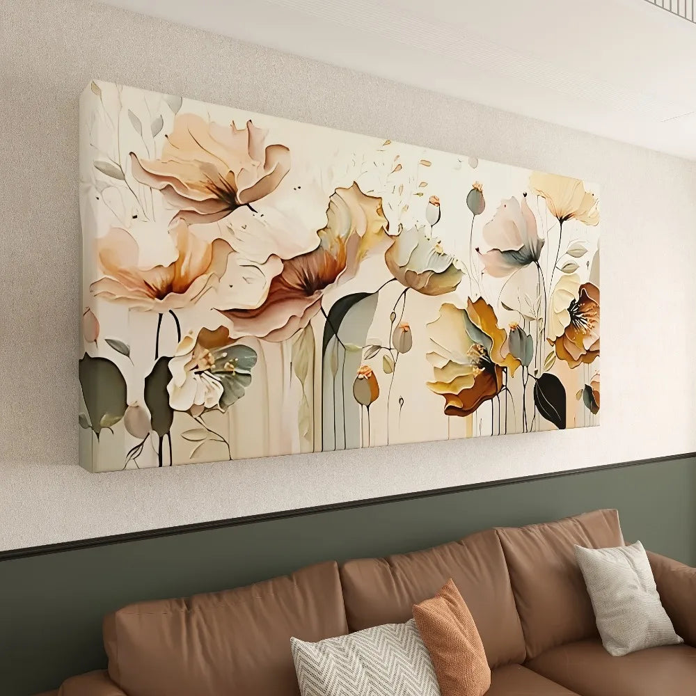 Abstract floral canvas art, pine frame 1.5  neutral palette