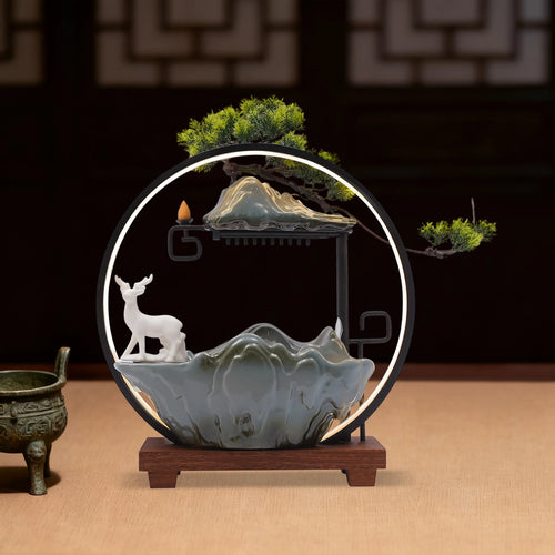 110V Ceramic Tabletop Fountain With Mist LED Deer Figurine Pine Branches Easy Setup Quiet