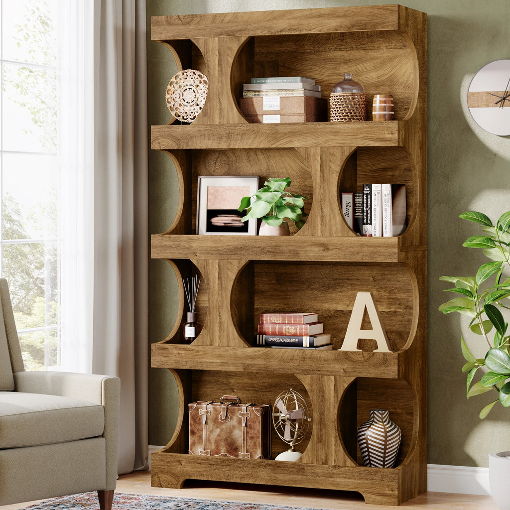 71" Tall 4 Tier S Shaped Bookcase Wood Decorative Storage Shelving, Modern Freestanding Display Shelves