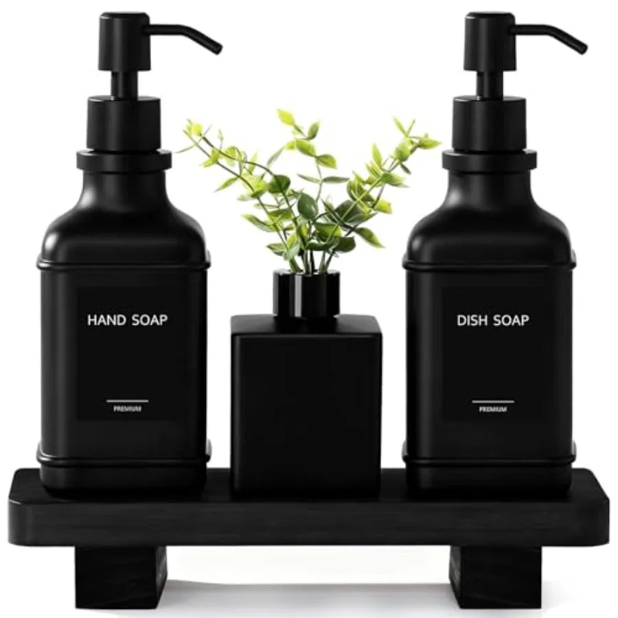 Modern Glass Soap Pump Dispenser Set with Wood Tray