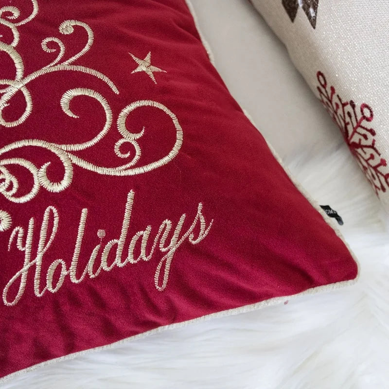 Red Velvet Holiday Throw Pillow 20x20" with Gold Embroidered Festive Design