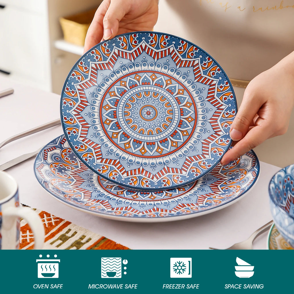 16/32/48-PCS Ceramic Plate Porcelain Dinnerware Set Bohemian Mandala Patterned with Dinner Plate,Dessert Plate,Bowl,Mug